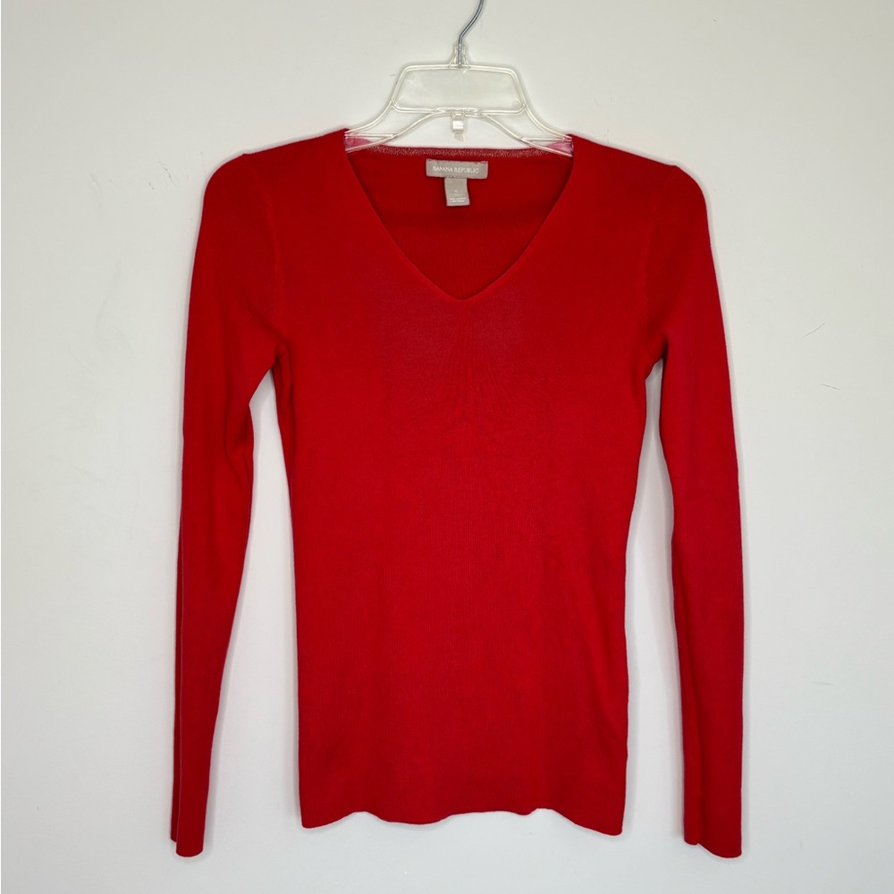 M1 Banana Republic Wool‎ Blend Sweater Blouse V-neck Red Preppy Small